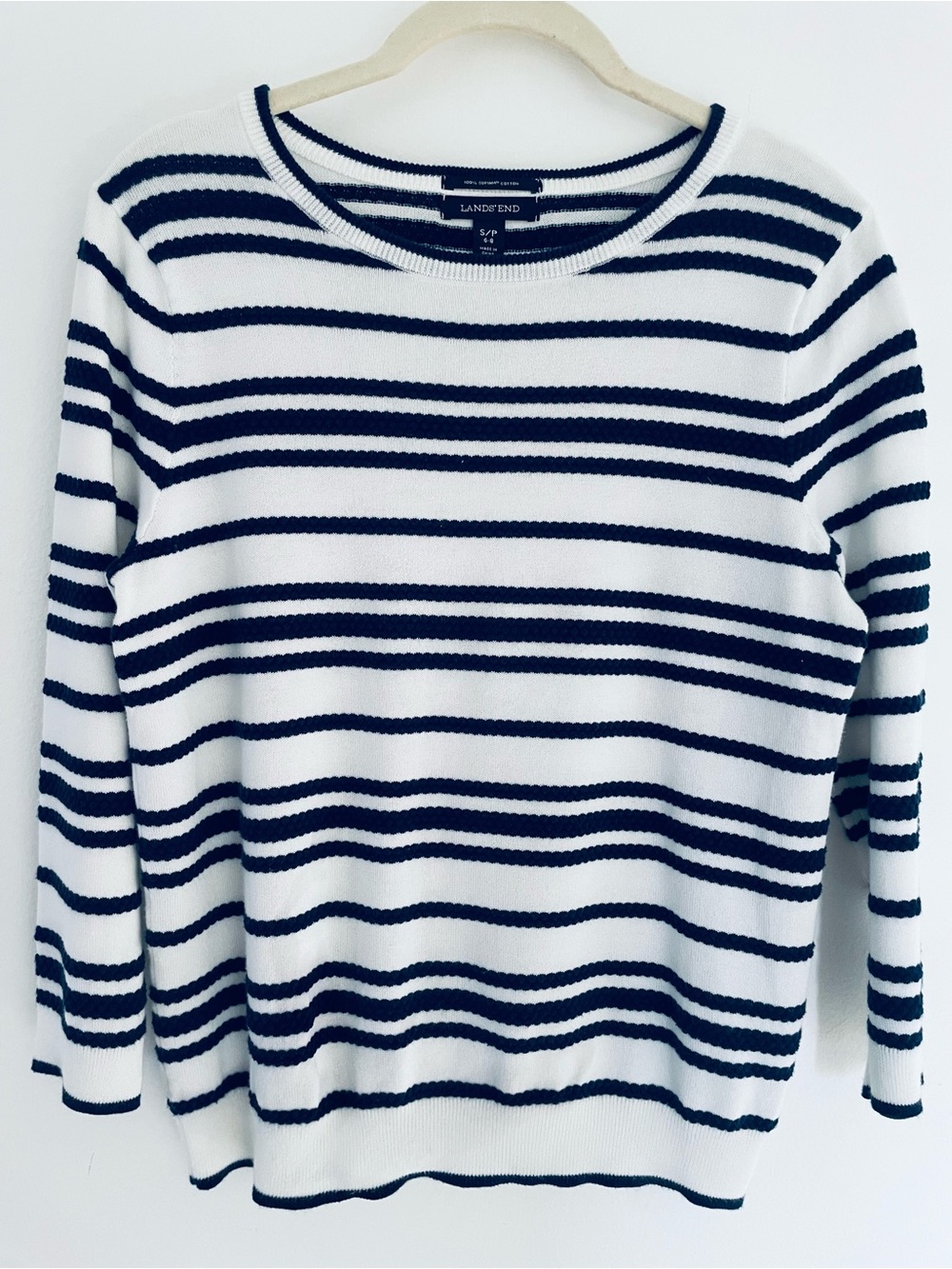 Lands' End White and Navy Striped Crewneck Sweater, S